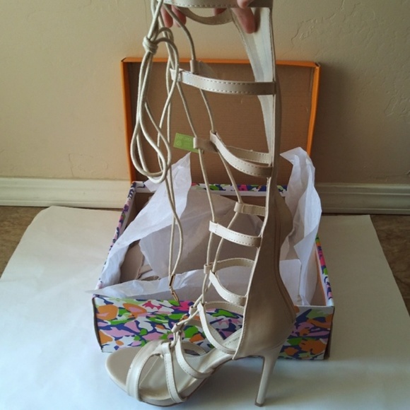 NEW Nude Lace Up Strappy Gladiator Heels - Picture 7 of 9